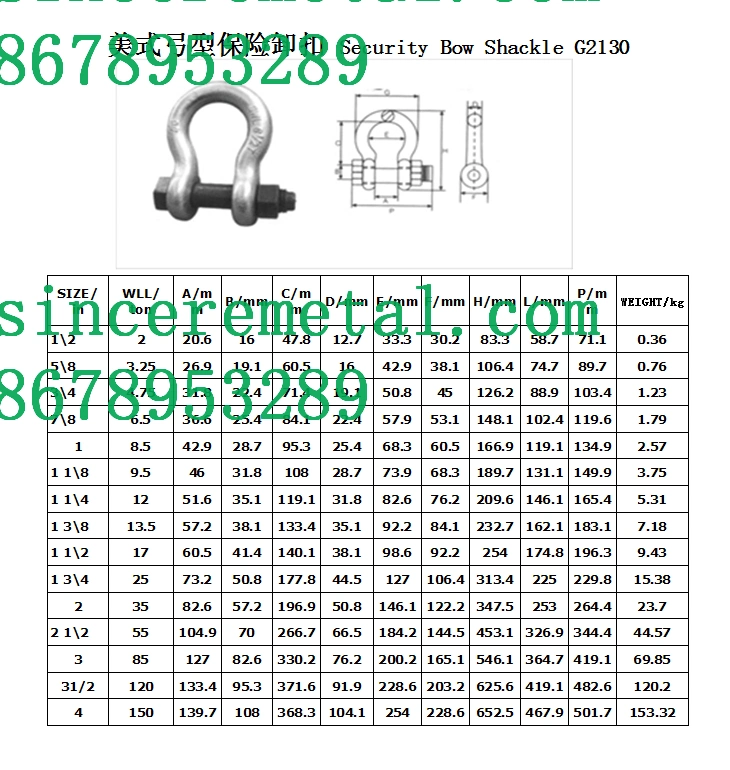 Hot Sale Chinese Cheap Price Good Qualitygalvanized Us Hot Forged Safety Bow Shackle with Nut G2130